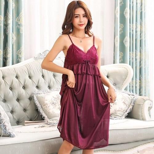 New Sexy Nightdress Deep V Lace Sleepwear Women Lingerie Silk Satin nightie Nightgown Sleeveless Sling Nightwear Home Dress