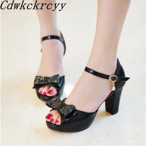 Summer New pattern fashion Simplicity High-heeled Women sandals black white Pink Thick bottom Sequins Sweet Bow Women sandals