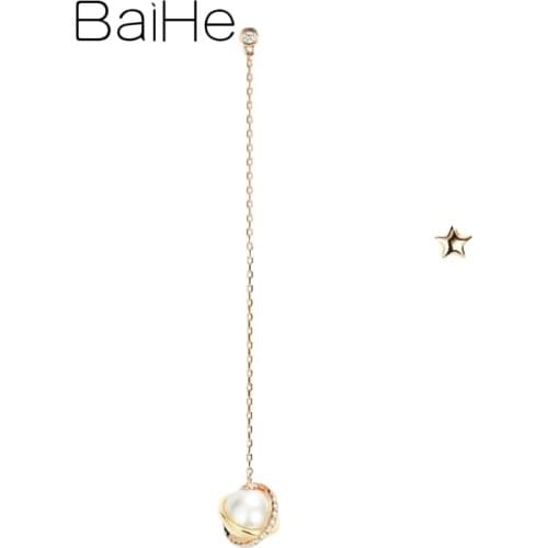 BAIHE Genuine Solid 18K Yellow Rose Gold Freshwater Pearl Diamond Stud Earrings Star Small Universe Asymmetrical Earring Cерьги