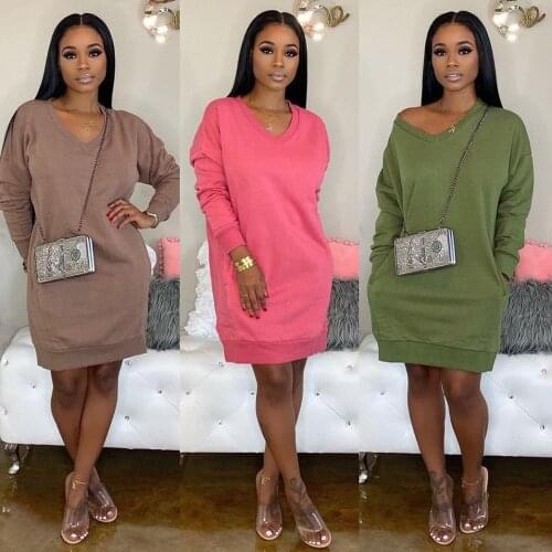 Adogirl 2019 Autumn Winter Solid Loose Casual Dress Women Fashion Sexy V Neck Long Sleeve Pockets Mini Dress Sweatshirt Vestidos
