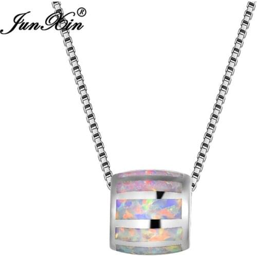 Cute Female Small Round Pendants Necklaces Vintage Silver Color Jewelry White Blue Fire Opal Necklaces For Women