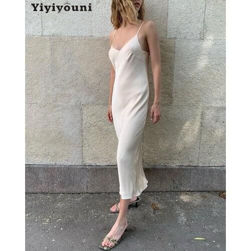 Yiyiyouni Sexy V-neck Spaghetti Strap Satin Dress Women Low-Cut Backless Silk Dress Women High Waist Black Party Vestidos Female