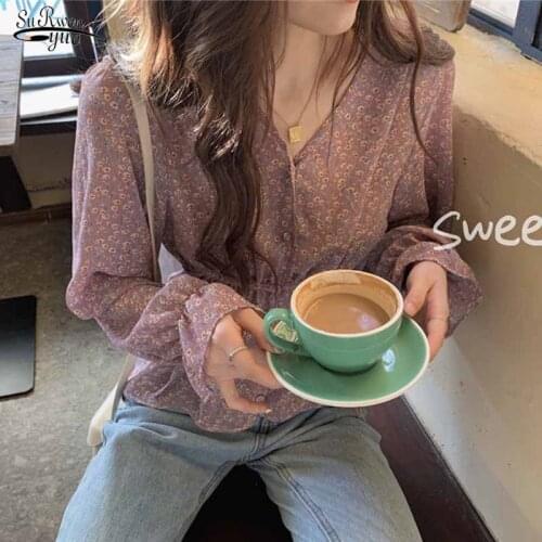 Casual Shirt Floral Print Ruffle Trim Blouse Women 2021 Autumn Slim-waist Blouses Ladies Boho Print Purple Tops Sweet Chic 11314