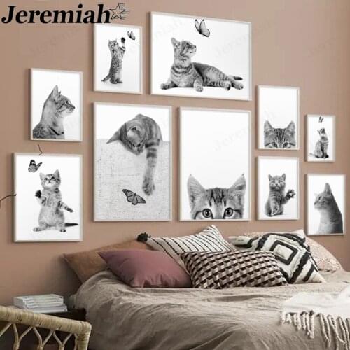 Gray Cat Canvas Painting Animal Catching Butterfly Simple Poster Black and White Wall Art Nordic Room Corridor Home Decoration