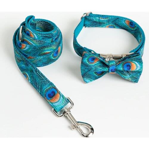 Adjustable Printed Dog Collar And Leash Set Zinc Alloy Release Buckle Green Feather Pattern Printing Pet Dog Collar With The Bow