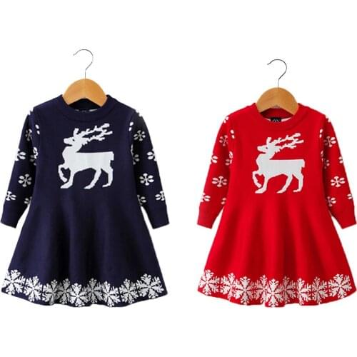 Christmas Reindeer Girls Dress Snowflake Kids New Year Clothes Winter Knitted Long Sleeve Sweater Costume Childrens Clothing