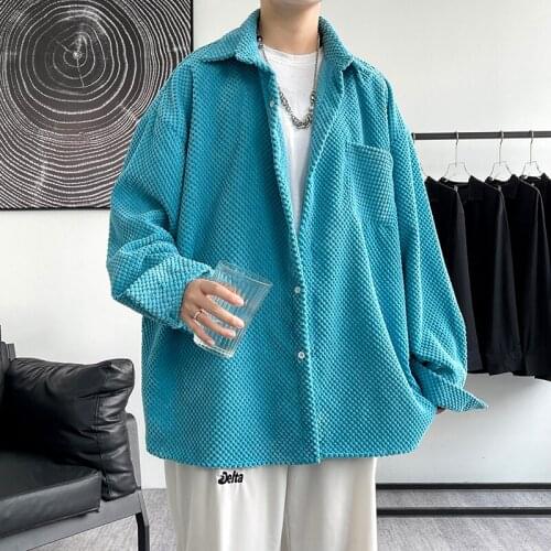 2021 Mens Corduroy Harajuku Korean Shirts Male Designer Oversized Baggy Shirts 5XL Men Solid Long Sleeve Vintage Shirt