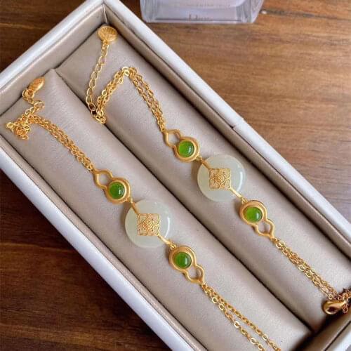 New inlaid natural Hotan Chalcedony gourd Bracelet Chinese style retro unique ancient gold craft charm womens brand jewelry