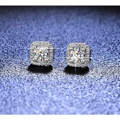 Silver Excellent Cut Total 1 Carat Diamond Test Passed D Color High Clarity Square Moissanite Stud Earrings Silver 925 Jewelry