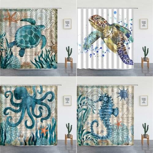 Cartoon Animals Shower Curtains Sea Turtle Octopus Hippocampus Kids For Bathroom Decor Polyester Fabric Bathtub Screen With Hook