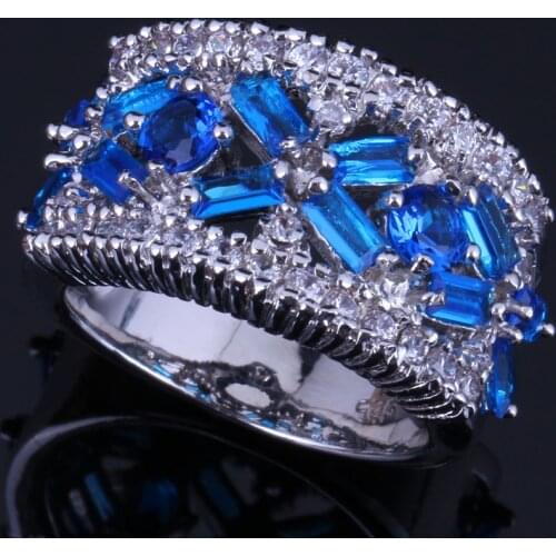 Sparkling Blue Cubic Zirconia White CZ Silver Plated Ring V0553