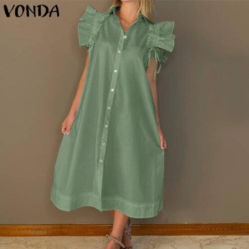 Vintage Solid Color Dress 2021 VONDA Vintage Lapel Collar Button Up Lace Pleated Shirts Dress Beach Vestido Midi Robe