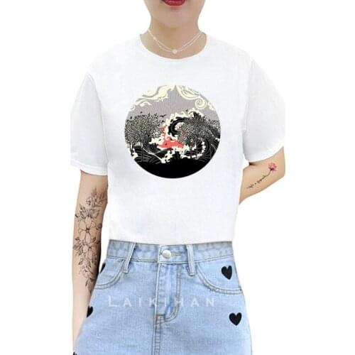 Women T-shirts Harajuku Dark trees and ocean waves Print Tops Tee Summer Female T shirt Short Sleeve T shirt For Women Clothing