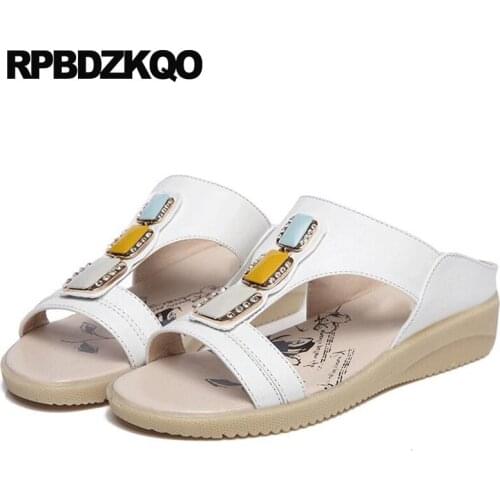 Women Large Size Slides Shoes Low Heel 11 White Slippers Wedge Crystal Yellow Embellished Sandals Leisure Fashion Bohemia Style