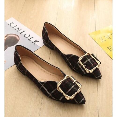 Women Flats Elegant Style Pointed Toe Lady Flat Heel Shoes Slip on Loafers Plus Size 34-43Black Casual Belt Buckle Ballet Flats