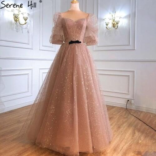 Serene Hill Pink Glitter Sexy Evening Dress 2021 A-Line Puff Sleeves Sparkling Lace Up Women Formal Party Wear Gown CLA70914