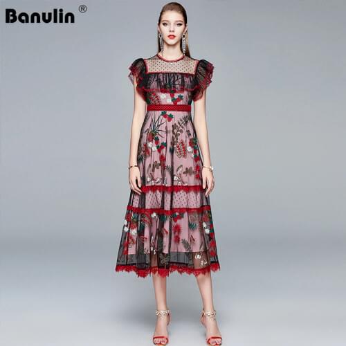 Banulin Runway Lace Summer Dress Women O-Neck Sexy Ruffles Flare Sleeve Lace Mesh Flower Embroidery Midi Dress robe femme