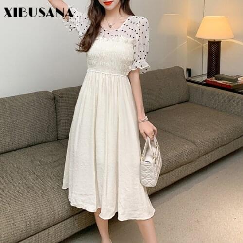 Summer Hepburn Square Collar Pleated Chiffon Dresses Wommen Summer Dot Lace Patchwork Beach Maxi Dress Female Vestidos New