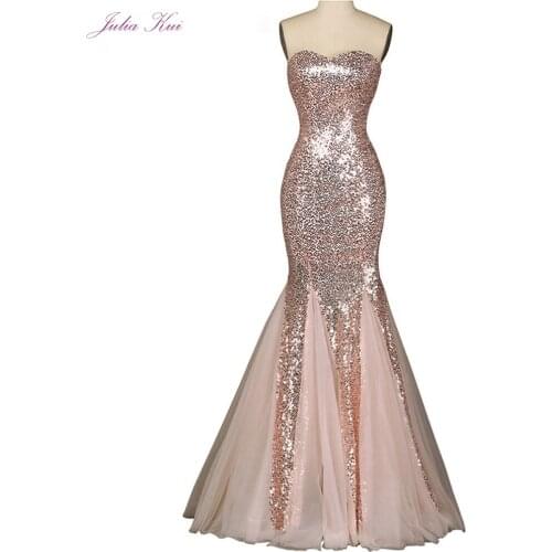 Julia Kui Strapless Pink Color Mermaid Evening Dress Sequin Formal Dresses Of Sleeveless Lace Up Vestido De Festa