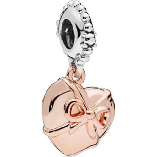 1Pcs New Rose Gold Heart Bow Pendant DIY Beads Suitable for Original Pandora Charm Bracelet Ladies Jewelry Making Gifts