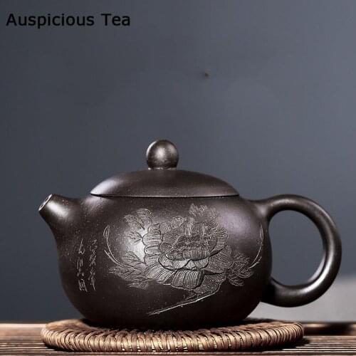 150ml Yixing Purple Clay Teapots Carved Peony Xishi Tea Pot Ball Hole Filter Kettle Handmade Zisha Tea Set Exquisite Gifts