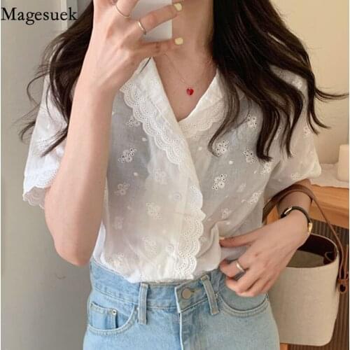 2021 Sweet Lace Embroidered Summer Shirt Korean V-neck New Hollow Out Solid Women Tops Vintage Short Sleeve Ladies Shirt 14033