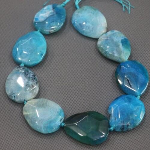 Free Ship 35mm 9pcs Large Stone Slab Slice Beads, Natural Blue Druzy Faceted Beads Gems Stone Connector Pendant, 15.5'' DIY