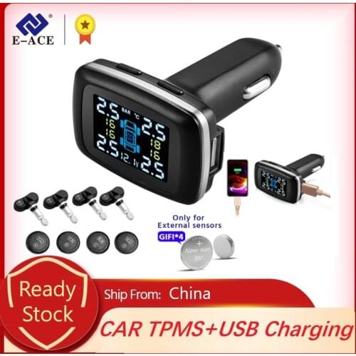 E-ACE Tire Pressure Sensor Monitor Solar Wireless Temperature Monitoring System 4 Sensors Alarm Car Detector Pressure Monitor