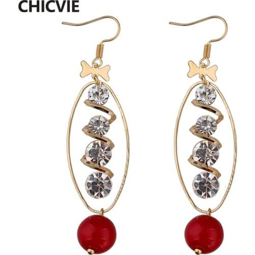 CHICVIE Gold Color Bow long Statement Earrings Wedding Fashion Jewelry Crystal Circle Piercing Earrings for Women SER140019