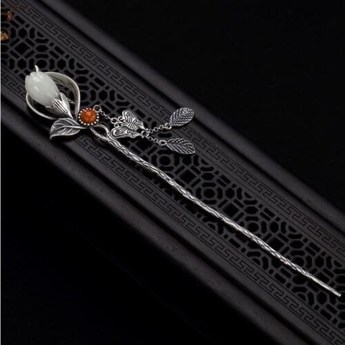 Exclusive original design magnolia flower hairpin pendant Chinese style retro light luxury charm womens silver jewelry