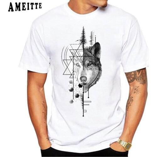 Funny Geometric Wolf Tattoo Vintage Print T-Shirt Summer Fashion Men Short Sleeve Harajuku Animal Design Tops Boy White Tees