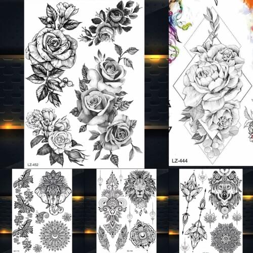 REJASKI RoseGanesha Flower Black Henna Temporary Tattoos For Women Sticker Mehndi Fake Tattoo Mamdala Rattan Art Custom Tatoos