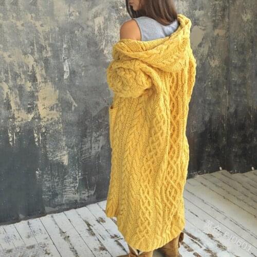New Female Cardigan Braided Hair Lazy Style Hooded Long Cardigan Khaki Yellow Gray Green Sweater