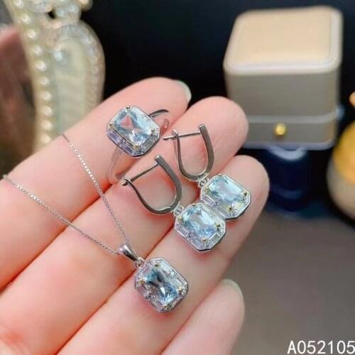 KJJEAXCMY fine jewelry 925 sterling silver inlaid Natural Sky blue topaz women vintage square gem Ring Earring pendant set suppo