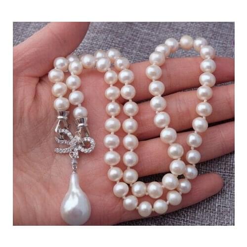 Xiuli 003526 AA 8-9mm white round pearl &Nucleated Flameball pearl pendant Necklace