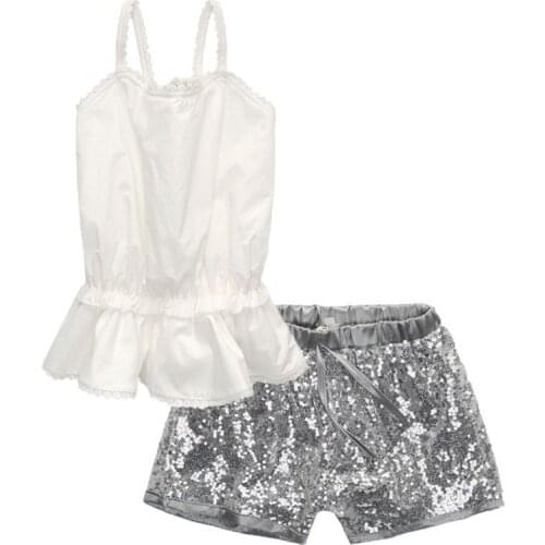 Girls Fashion Childrens Wear Sling Set Lace Backless Top Sequin Shorts 2 Piece Set Childrens Clothing Set