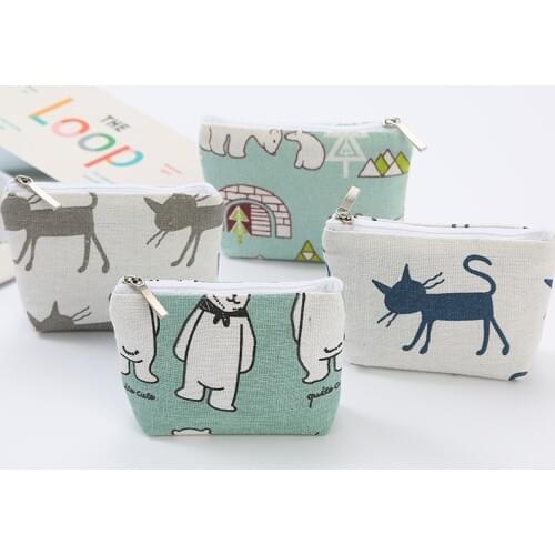 M369 Cartoon Coin Purse For Women Cute Cat Bear Printing Cotton Hemp Square Zero Purse Wholesale