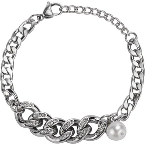 Stainless Steel Minimalism Hip Hop Cuban Chain Pearl Men Punk Rock Bracelet Bangle Jewelry Gift For Him