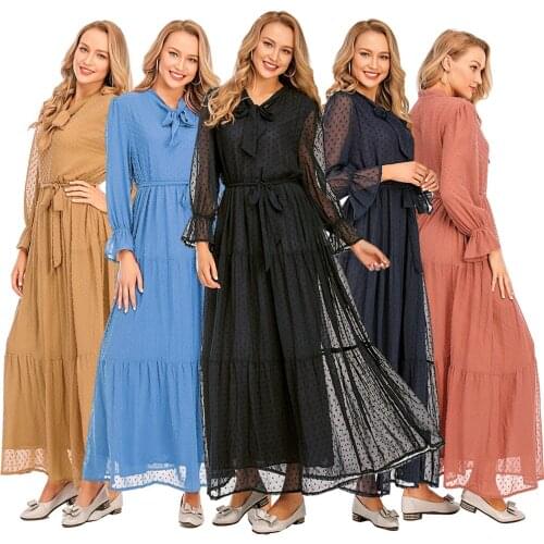 Fashion Muslim Women Abaya Mesh Layered Maxi Dress Bow Tie Front Party Gown Turkish Kaftan Dubai Jilbab Robe Islamic Shirt Dress