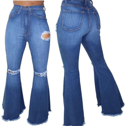 Hip pop Fashion Hole Ripped Denim Flare Pants Wide Leg Women Vintage Bell-Bottoms Jeans Casual Boot-Cut Pant Female Trousers