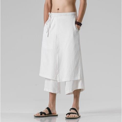 2021 Men Casual Withe Wide Leg Pants Mens Irregular Cotton Linen Harem Pants Male Solid Vintage Skirts Trousers M-5XL