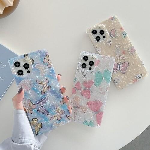 Glitter Dream Shell Pattern Butterfly Square Soft Case For iPhone 12 11 Pro Max XR XS Max X 8 7 Plus Case Shockproof Phone Cover