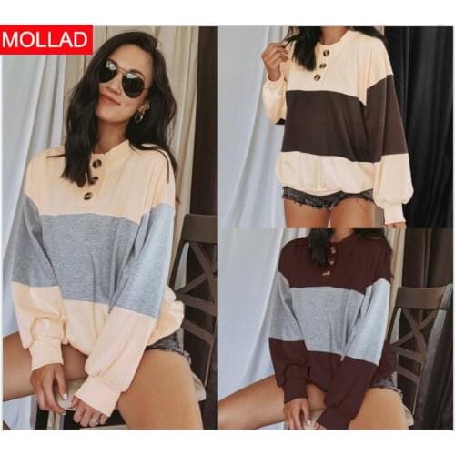 2021spring and Autumn New Color Matching Stitching Button Lantern Long Sleeve Top