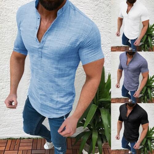 Men Casual Cotton Linen shirt Loose Tops Short Sleeve Tee Shirt S-2XL Spring Autumn Summer Casual Handsome Men Shirt#1