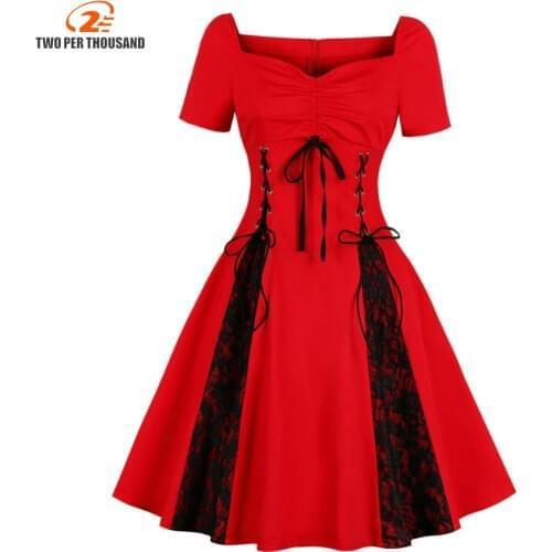 S-4XL Lace Contrast Tunic Rockabilly Dress Ruched Bust Tie Front Lace Up Red Dresses Women Vintage Gothic Party Dress