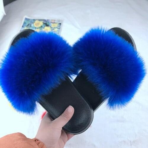 New Fashion Fur Slides Women Furry Fox Fur Sandals For Woman Female Indoor Outdoor Shoes Fluffy Plush With Fur Slippers in 2021