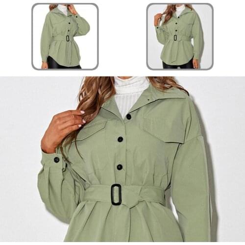 Arc Hem All-matched Flap Pockets Green Autumn Coat Female Outerwear