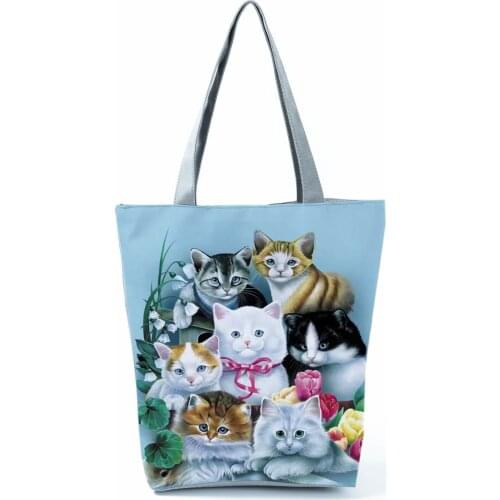Cat Floral Printed Handbag Animal High Capacity Eco Reusable Shopping Bag Blue Foldable Women Shoulder Bag Can Custom Pattern