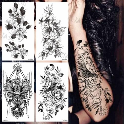 Black Tiger Temporary Tattoos For Women Adults Dahlia Henna Waterproof Fake Tattoo Sticker Indian Style Arm Back Tatoos Creative