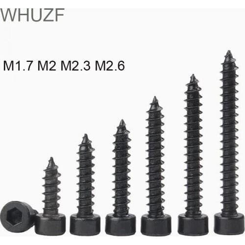 WHUZF 100PCS M1.7 M2 M2.6 Hex Hexagon Socket Cap Head Self Tapping Screw 8.8 Grade Black Carbon Steel Allen Head Screw
